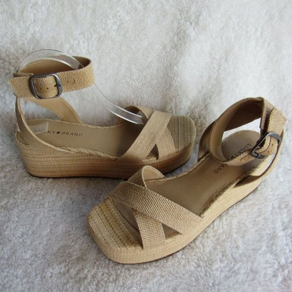 Lucky Brand Womens Wedge Size 8.5 Bikaro Woven Beige Jute Ankle Strap Boho